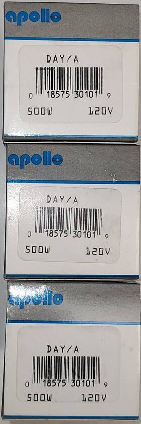 Apollo 018575301019 Lot Of 3 120v 500 Watt Day/a Day/dak Projection Lamps